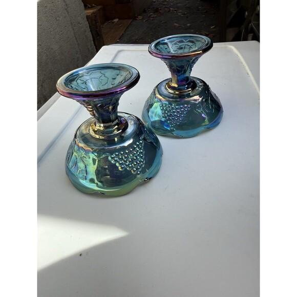 Blue Carnival Glass Harvest Grape Candle Holders - Picture 7 of 8